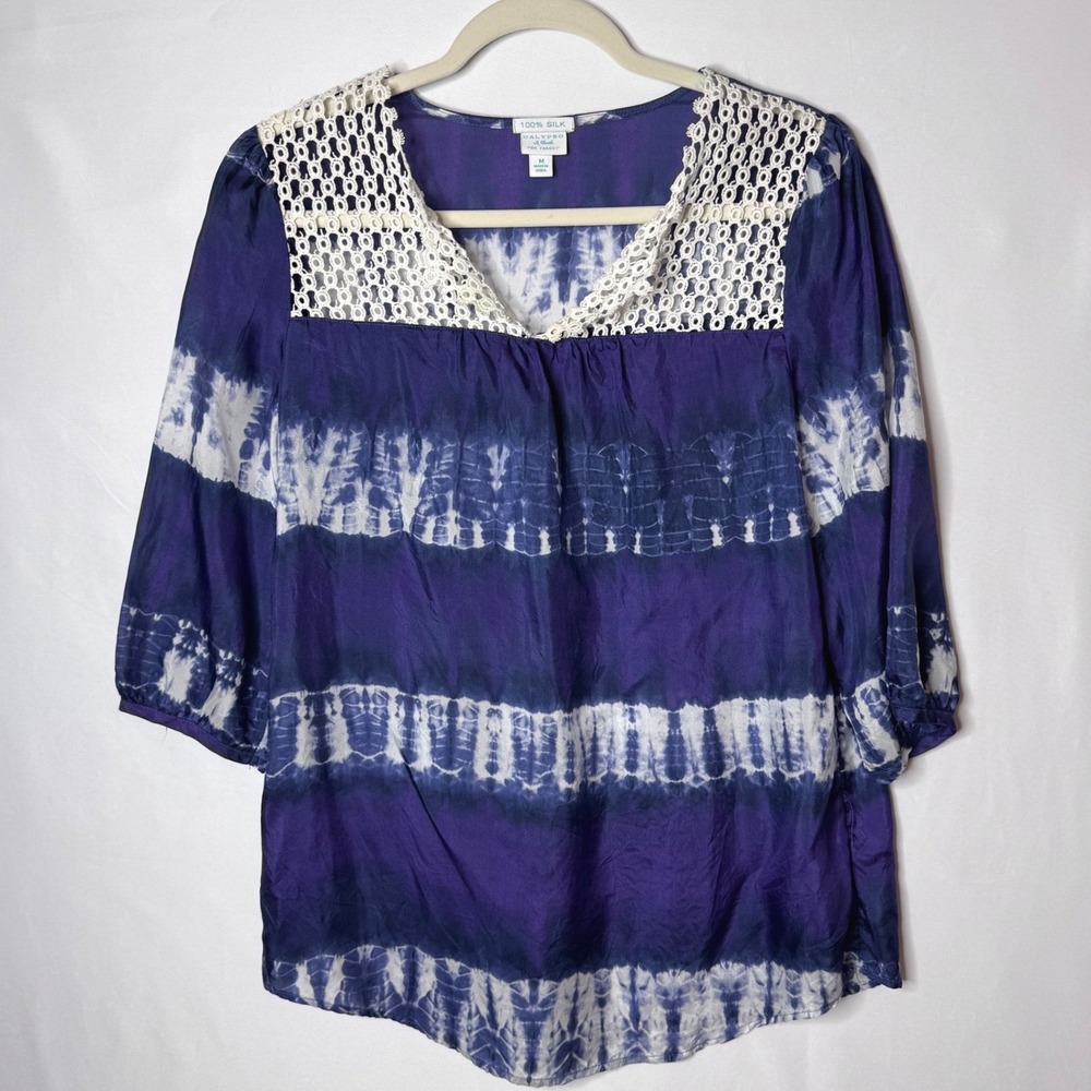 Calypso St Barth 100% Silk Blouse Sz M Purple Tie Dye Crochet Boho Feminine
